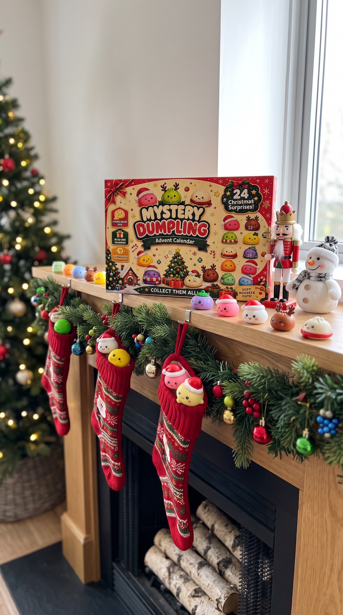 Squishies peeking out of Christmas stockings on the mantel