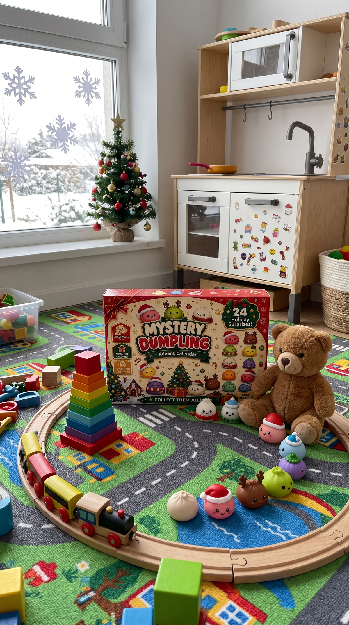 Squishy advent calendar in a kids playroom with toys