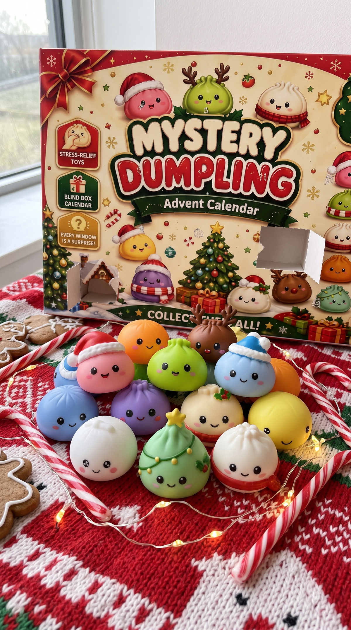 Pile of dumpling squishies on a Christmas blanket