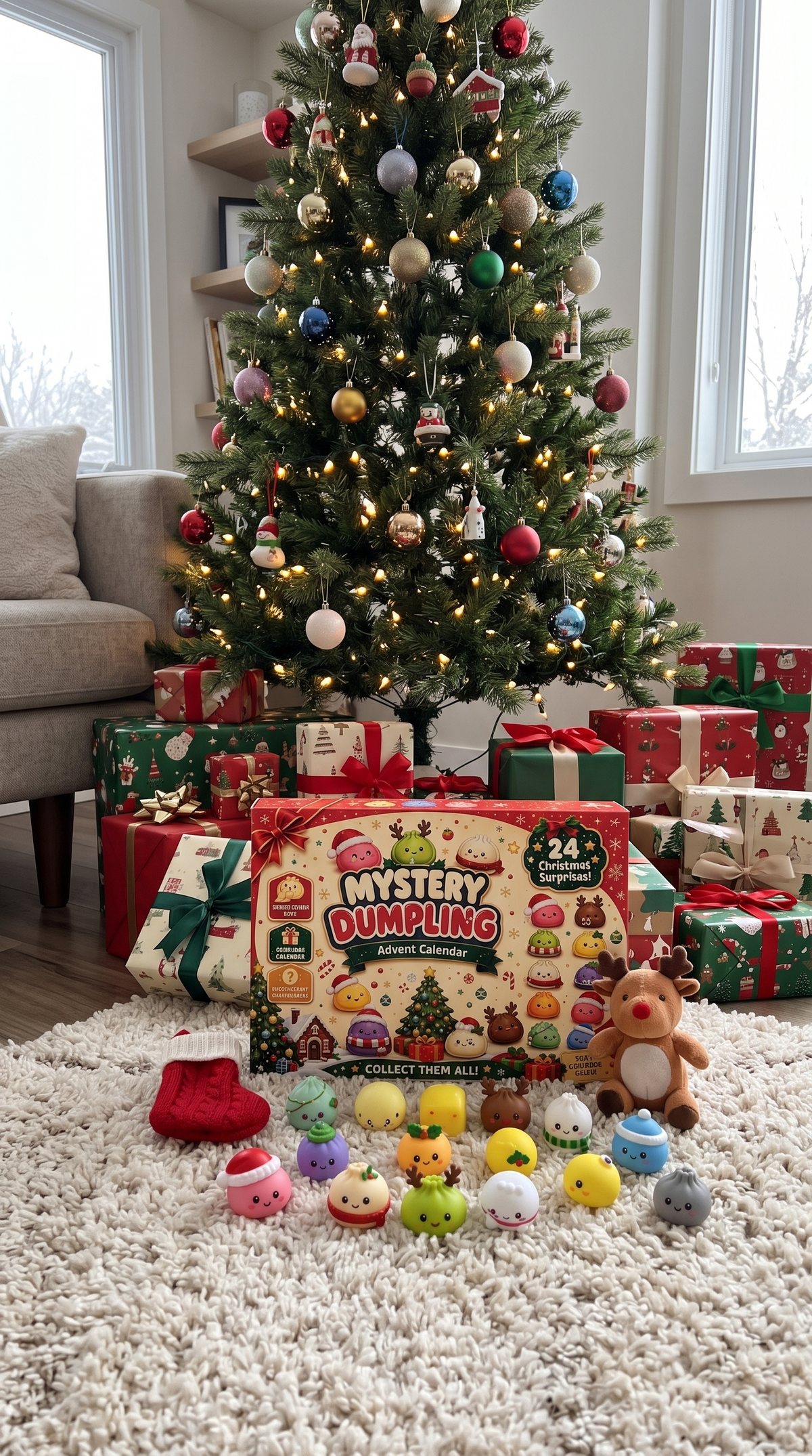 Squishy advent calendar under the Christmas tree with presents