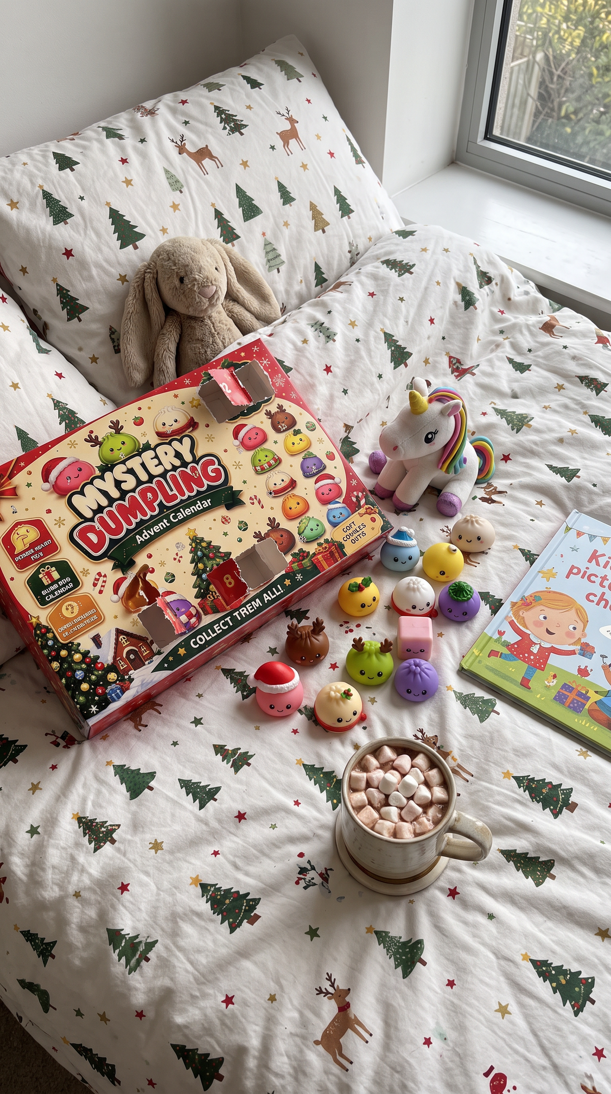 Opened squishy advent calendar on a cozy Christmas bed